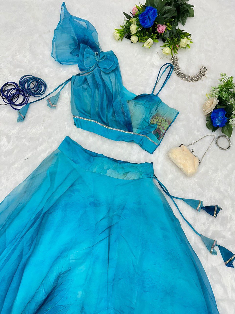 Splendid Sky Blue Floral Organza Silk Lehenga With Stitched Blouse - INDIAN ELEGANCE