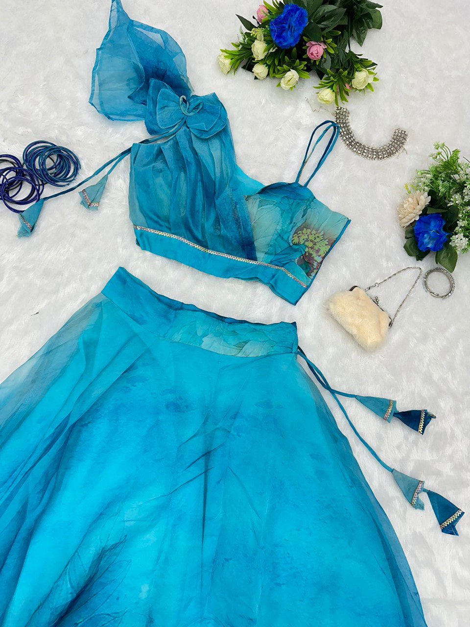 Splendid Sky Blue Floral Organza Silk Lehenga With Stitched Blouse - INDIAN ELEGANCE