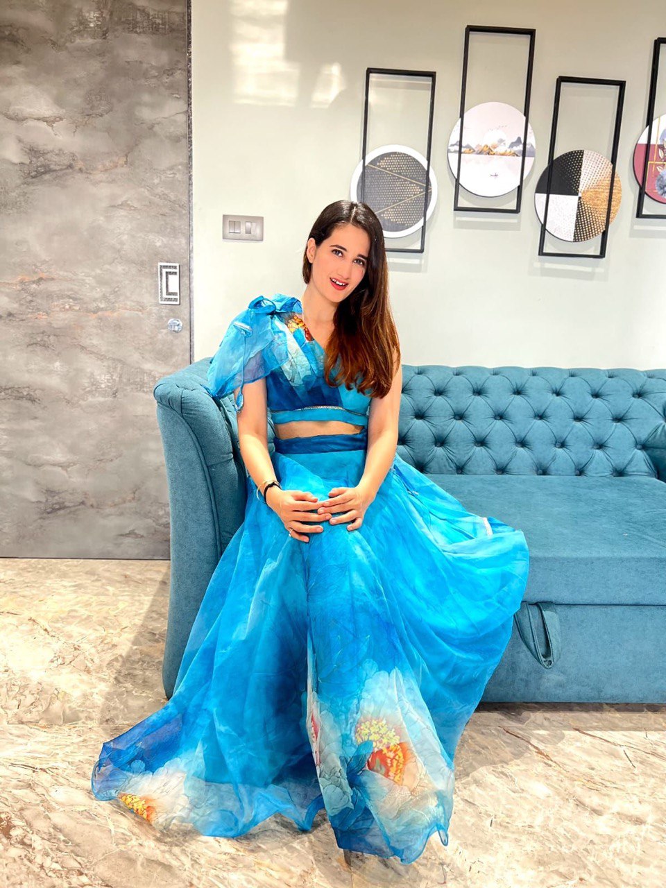 Splendid Sky Blue Floral Organza Silk Lehenga With Stitched Blouse - INDIAN ELEGANCE