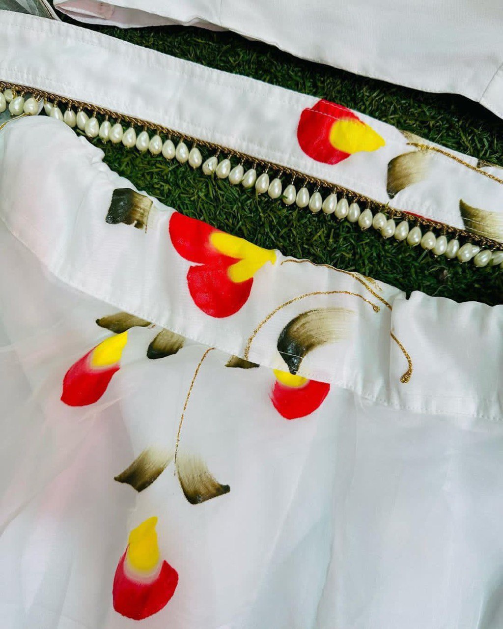 Arresting White Handprinted Organza Silk Lehenga Choli Set - INDIAN ELEGANCE