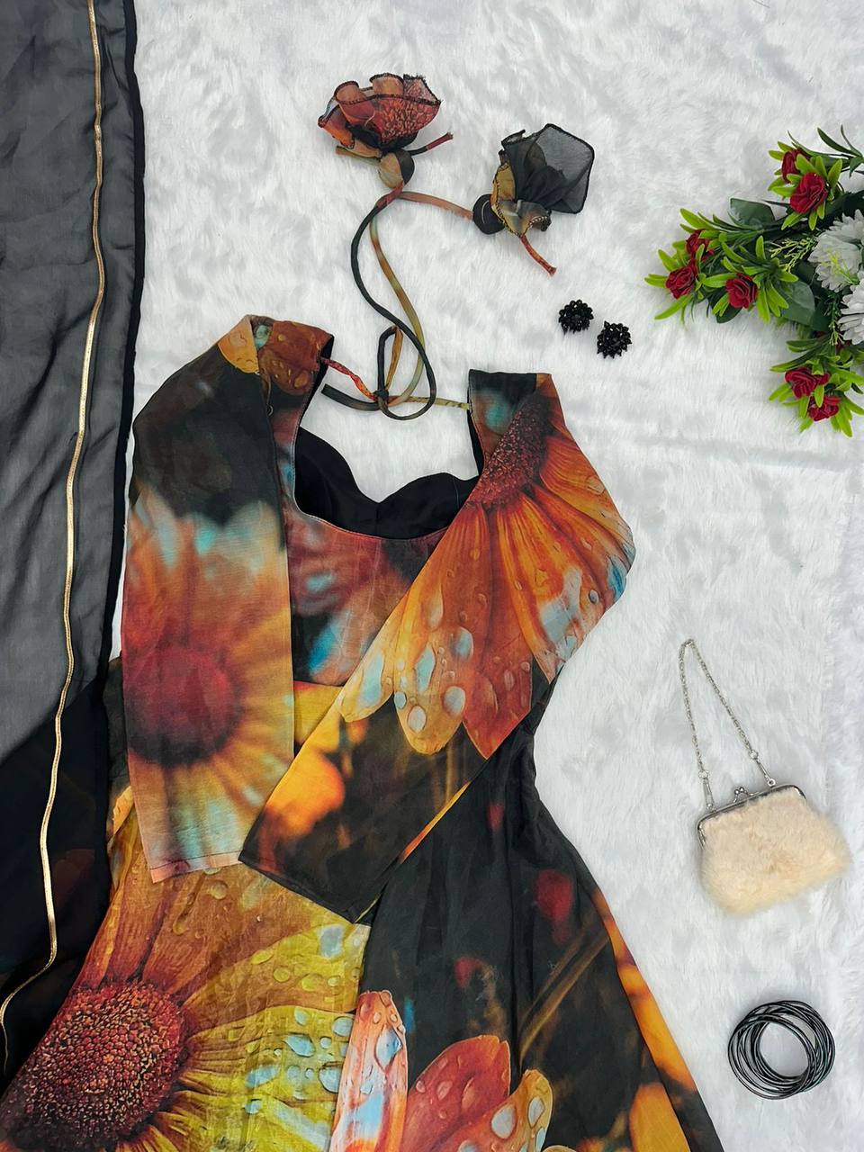 Beguiling Black Organza Silk Digital Printed Fully Stitched Gown With Dupatta - INDIAN ELEGANCE