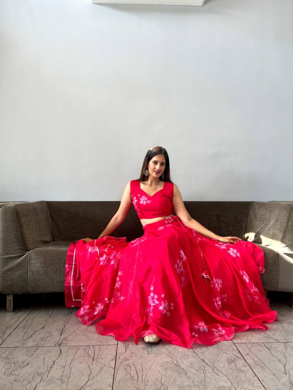 Stylish Floral Organza Silk Fully Stitched Lehenga Choli Set - INDIAN ELEGANCE