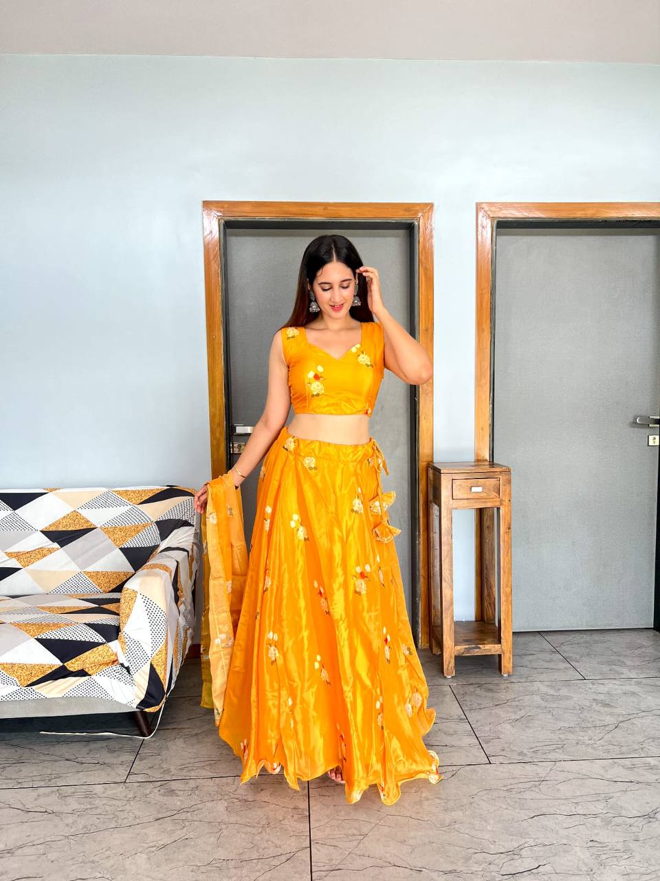 Stylish Floral Organza Silk Fully Stitched Lehenga Choli Set - INDIAN ELEGANCE