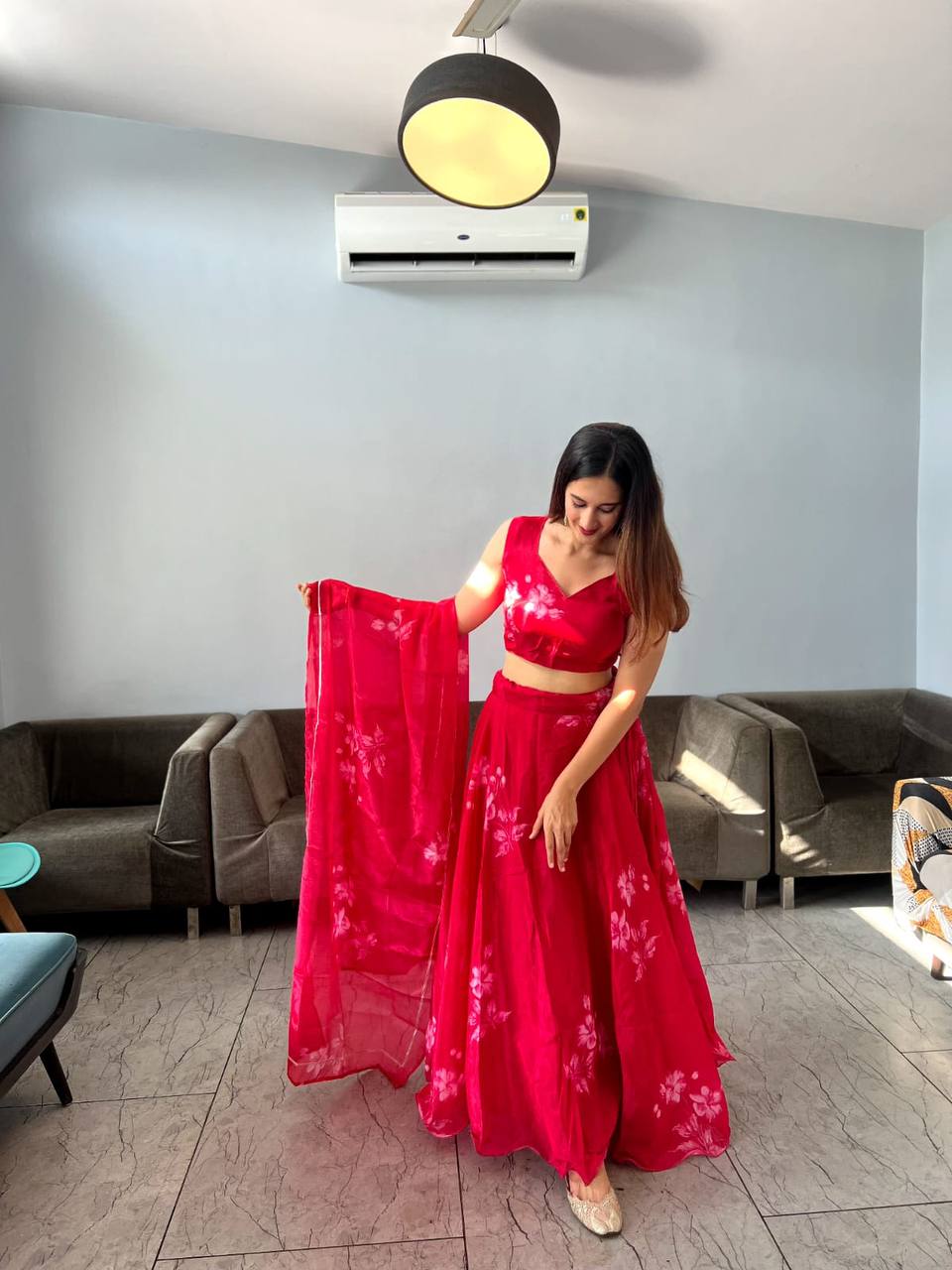 Stylish Floral Organza Silk Fully Stitched Lehenga Choli Set - INDIAN ELEGANCE