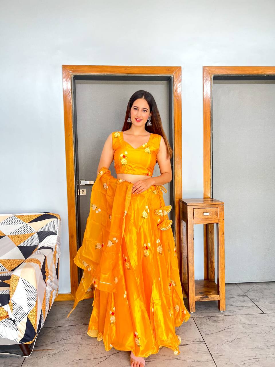 Stylish Floral Organza Silk Fully Stitched Lehenga Choli Set - INDIAN ELEGANCE