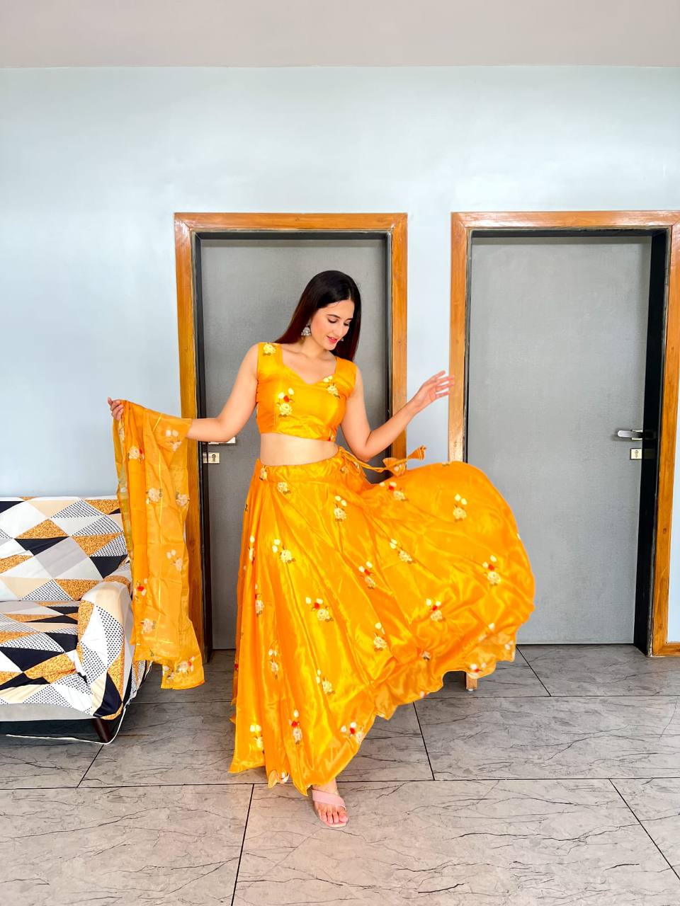 Stylish Floral Organza Silk Fully Stitched Lehenga Choli Set - INDIAN ELEGANCE