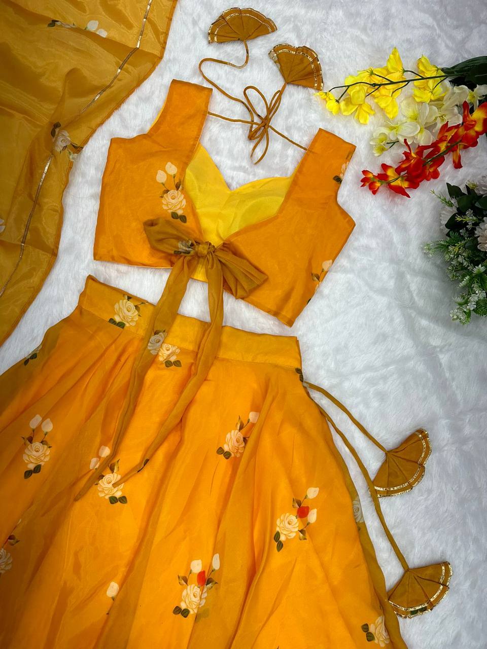 Stylish Floral Organza Silk Fully Stitched Lehenga Choli Set - INDIAN ELEGANCE