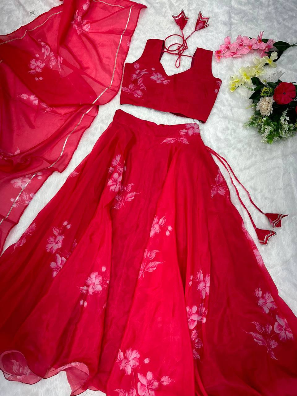 Stylish Floral Organza Silk Fully Stitched Lehenga Choli Set - INDIAN ELEGANCE