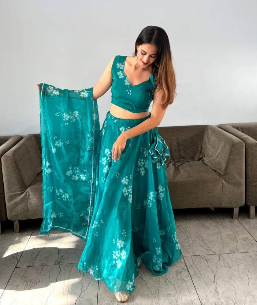 Stylish Floral Organza Silk Fully Stitched Lehenga Choli Set - INDIAN ELEGANCE