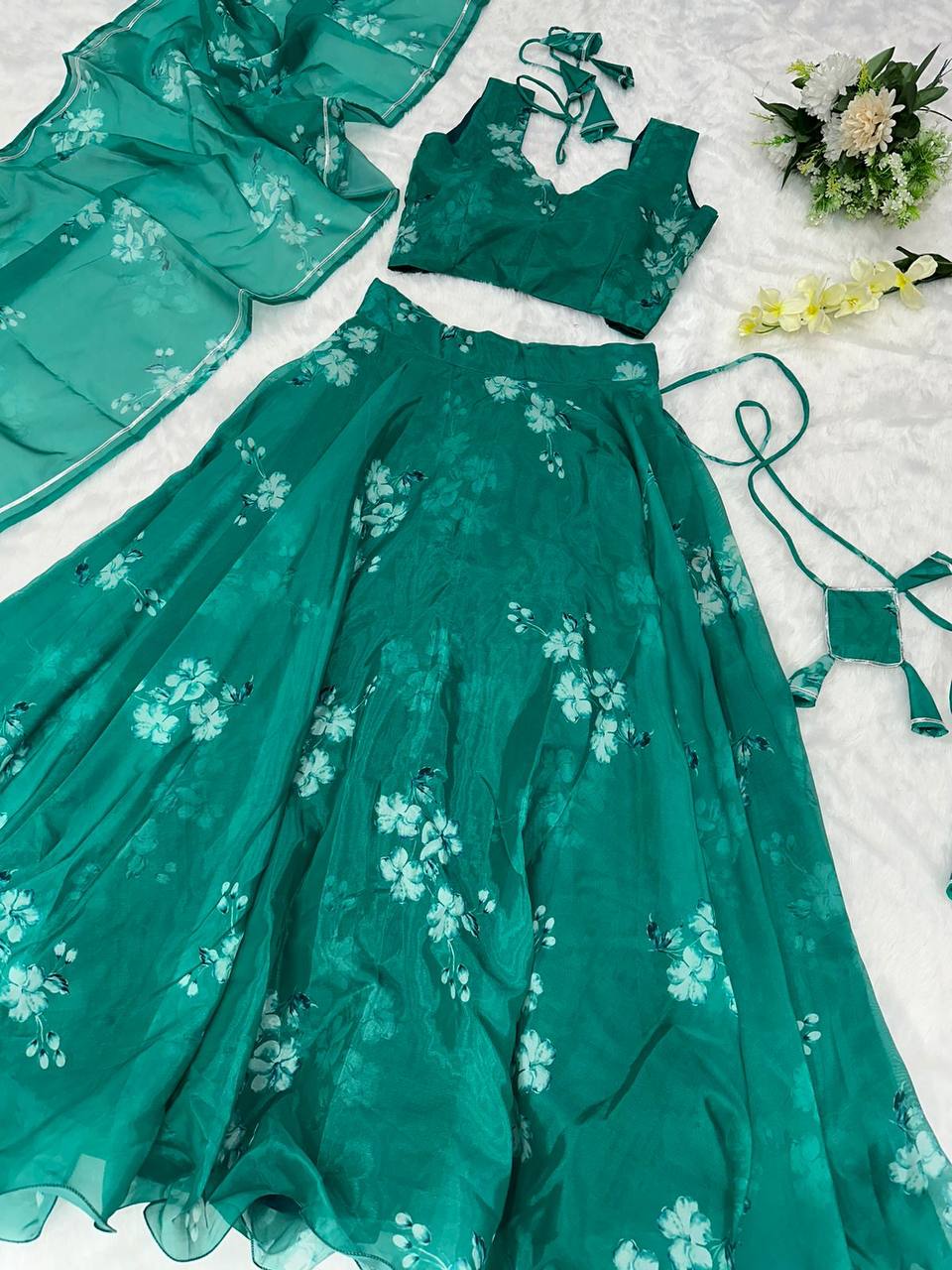Stylish Floral Organza Silk Fully Stitched Lehenga Choli Set - INDIAN ELEGANCE