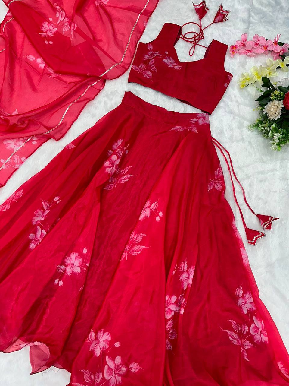 Stylish Floral Organza Silk Fully Stitched Lehenga Choli Set - INDIAN ELEGANCE