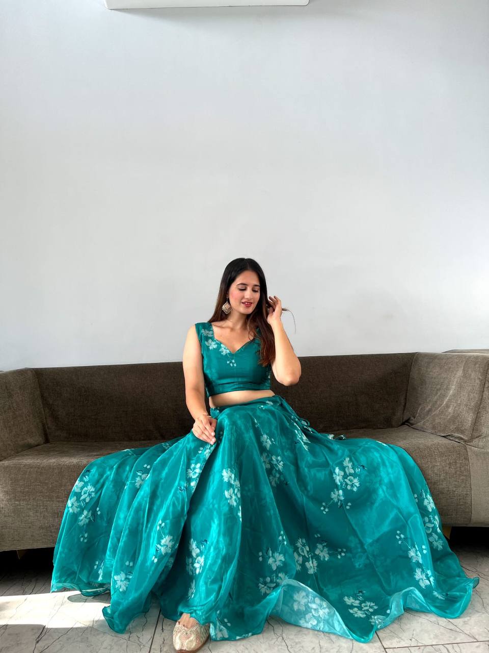 Stylish Floral Organza Silk Fully Stitched Lehenga Choli Set - INDIAN ELEGANCE