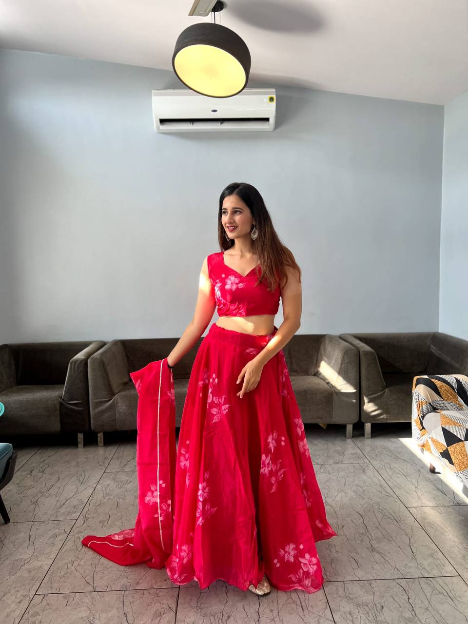 Stylish Floral Organza Silk Fully Stitched Lehenga Choli Set - INDIAN ELEGANCE