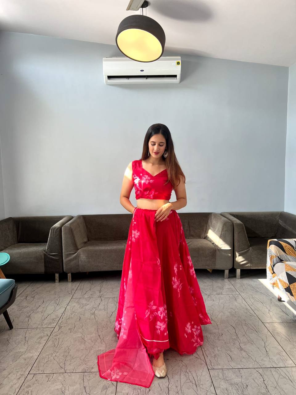Stylish Floral Organza Silk Fully Stitched Lehenga Choli Set - INDIAN ELEGANCE