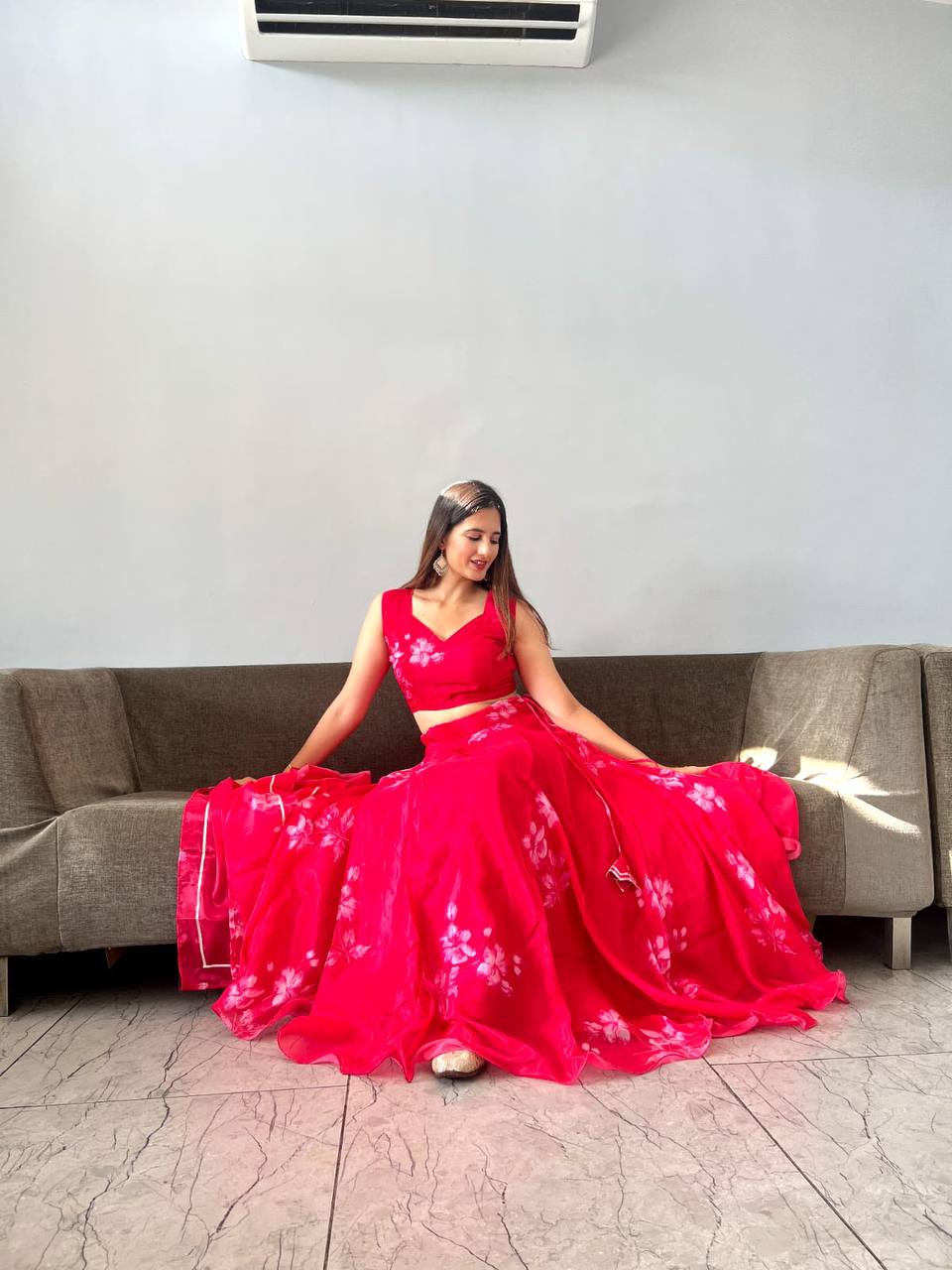 Stylish Floral Organza Silk Fully Stitched Lehenga Choli Set - INDIAN ELEGANCE