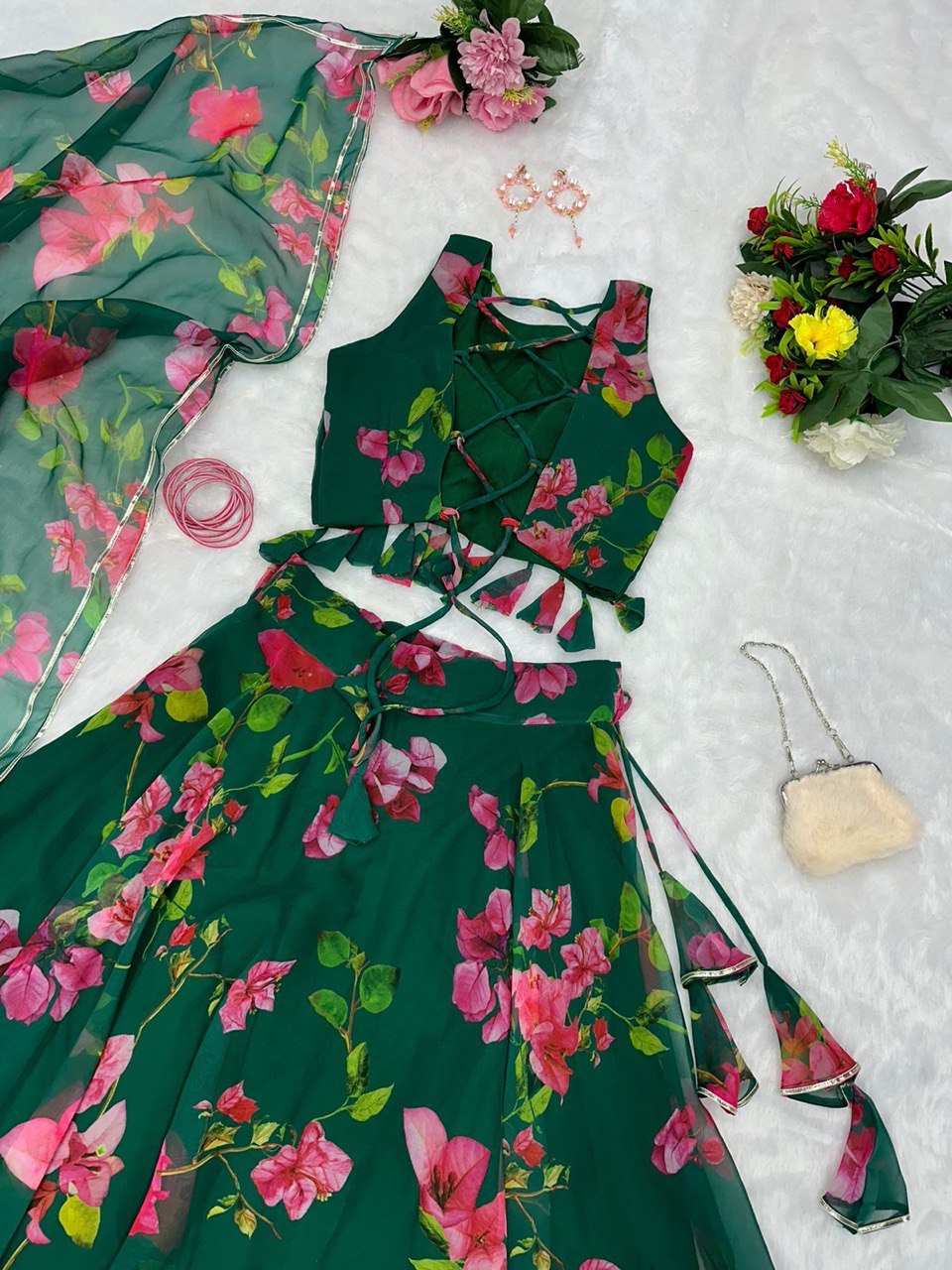 Appealing Green Georgette Floral Digital Printed Lehenga Choli - INDIAN ELEGANCE