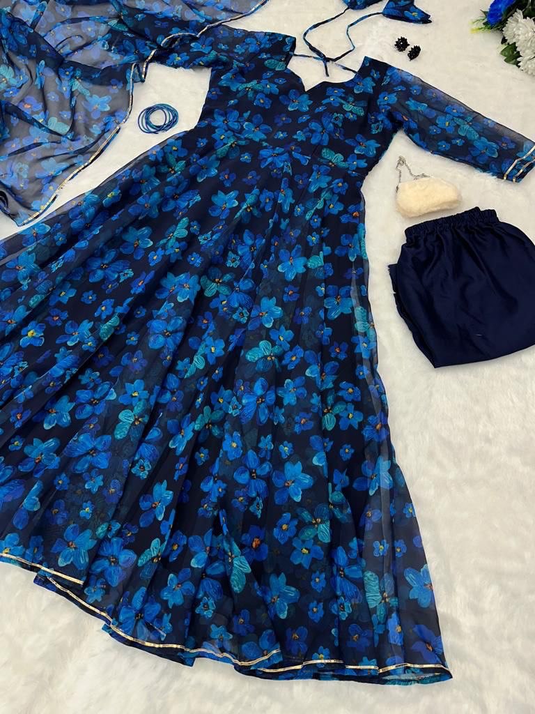 Gorgeous Blue Georgette Silk Floral Anarkali Pant Suit - INDIAN ELEGANCE