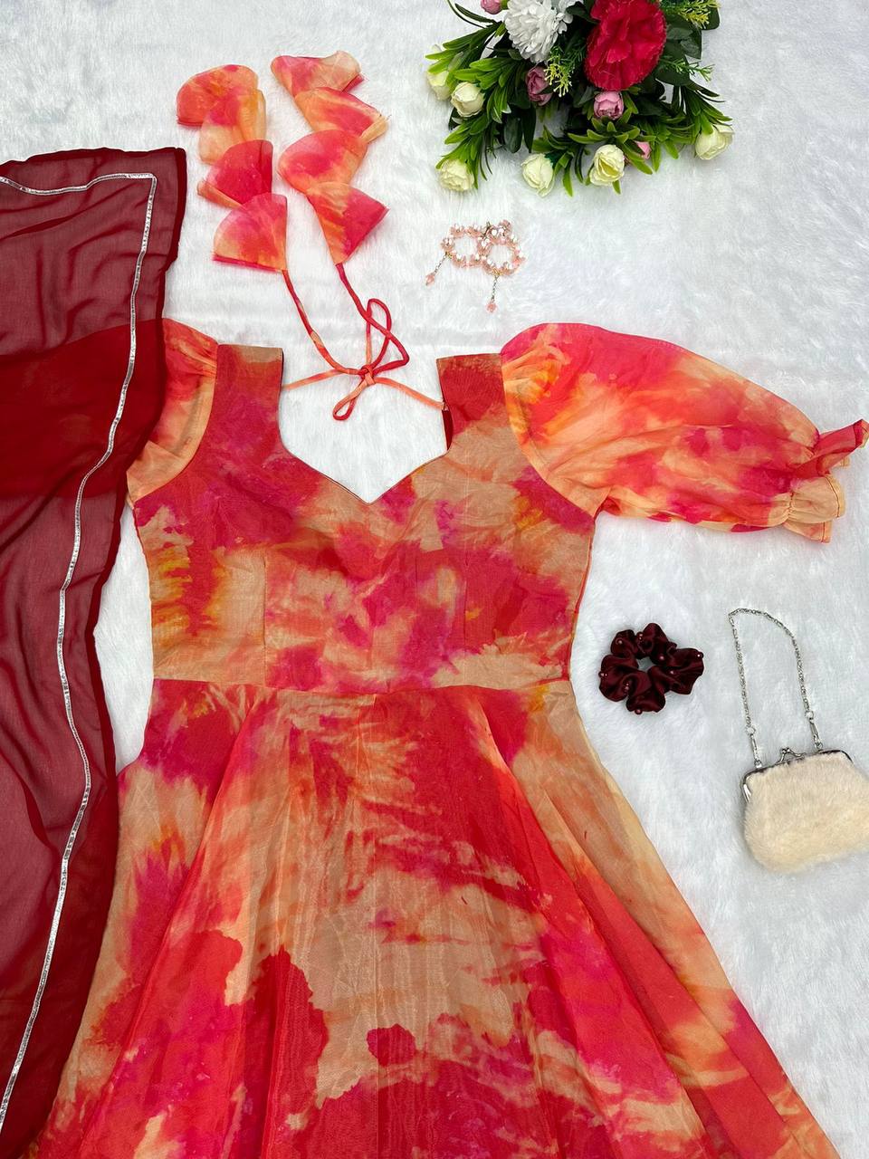 Captivating Orange Organza Silk Digital Printed Fully Stitched Gown With Dupatta - INDIAN ELEGANCE