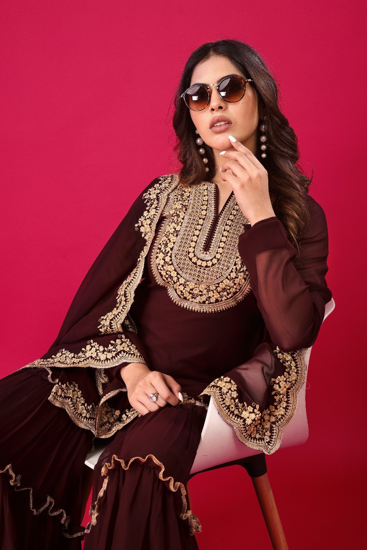 Fabulous Maroon Faux Georgette Sequins Embroidered Top Palazzo Suit - INDIAN ELEGANCE
