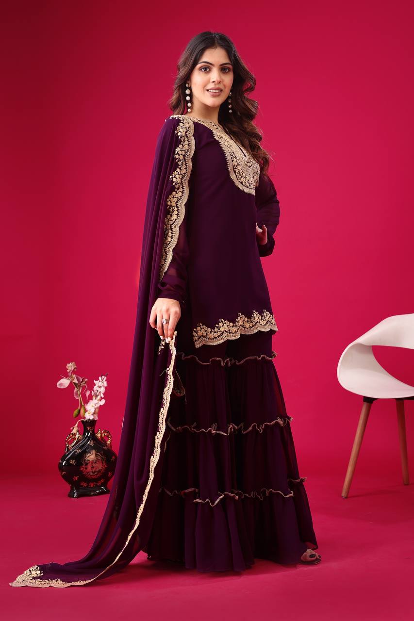 Stylish Wine Faux Georgette Sequins Embroidered Top Palazzo Suit - INDIAN ELEGANCE
