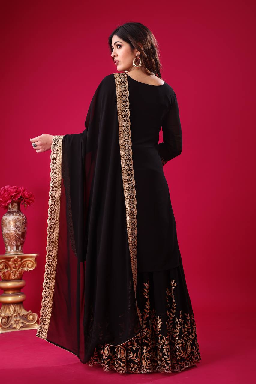 Ravishing Black Faux Georgette Sequins Embroidered Top Palazzo Suit - INDIAN ELEGANCE