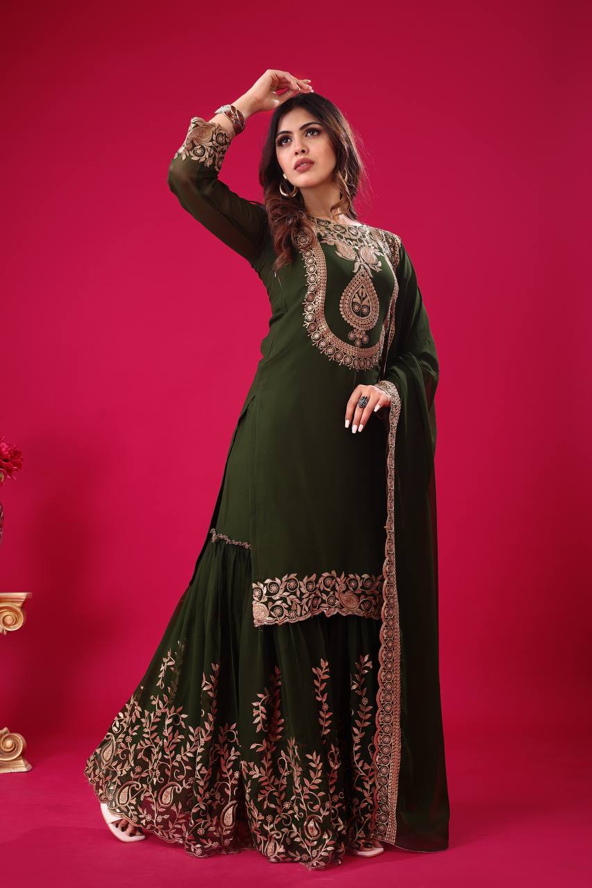 Divine Green Faux Georgette Sequins Embroidered Top Palazzo Suit - INDIAN ELEGANCE
