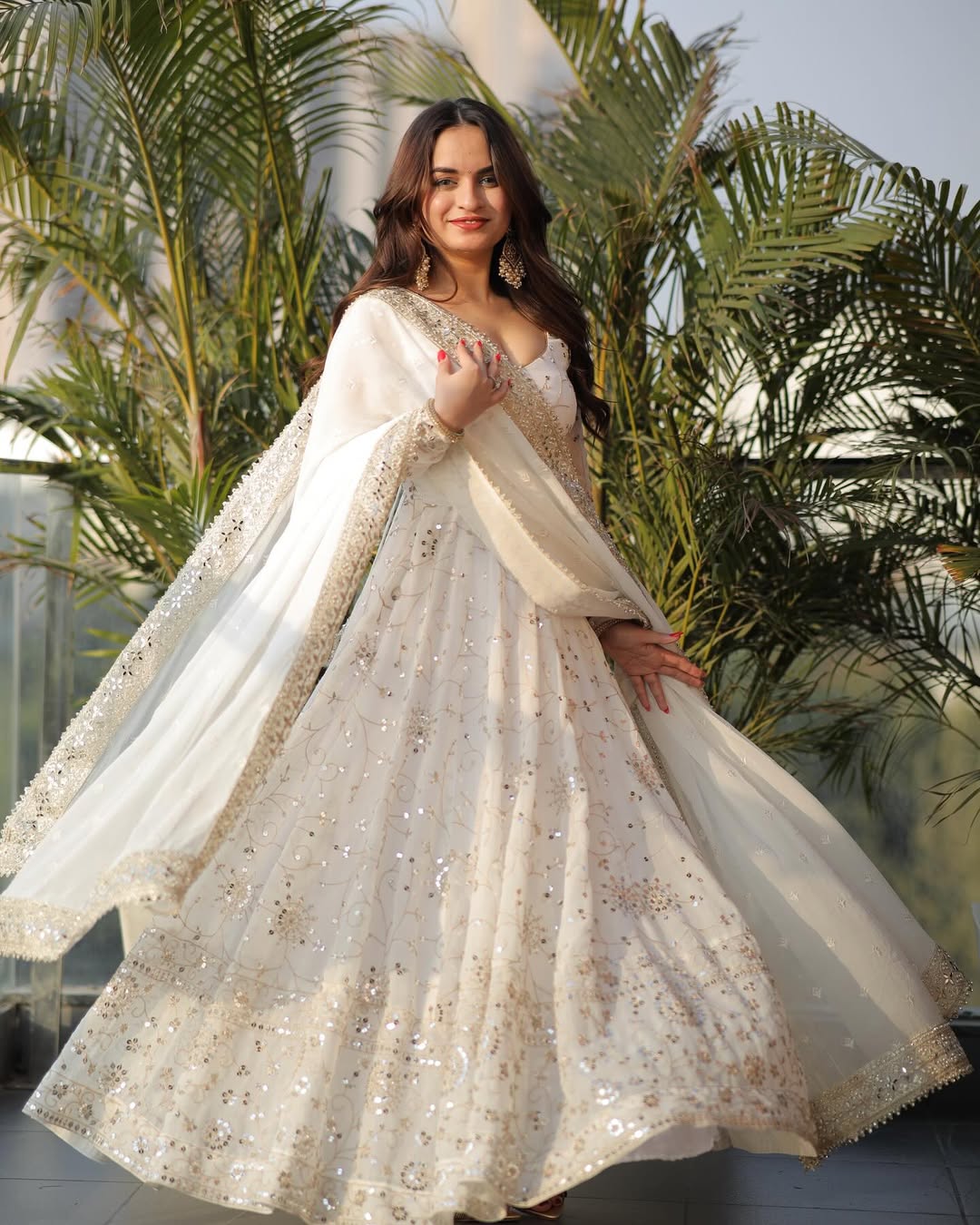 Premium White Color Full Heavy Work Georgette Anarkali Gown.