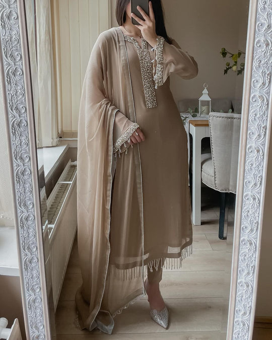 Premium Fox Georgette Straight Suit Set with Real Moti Handwork Dupatta