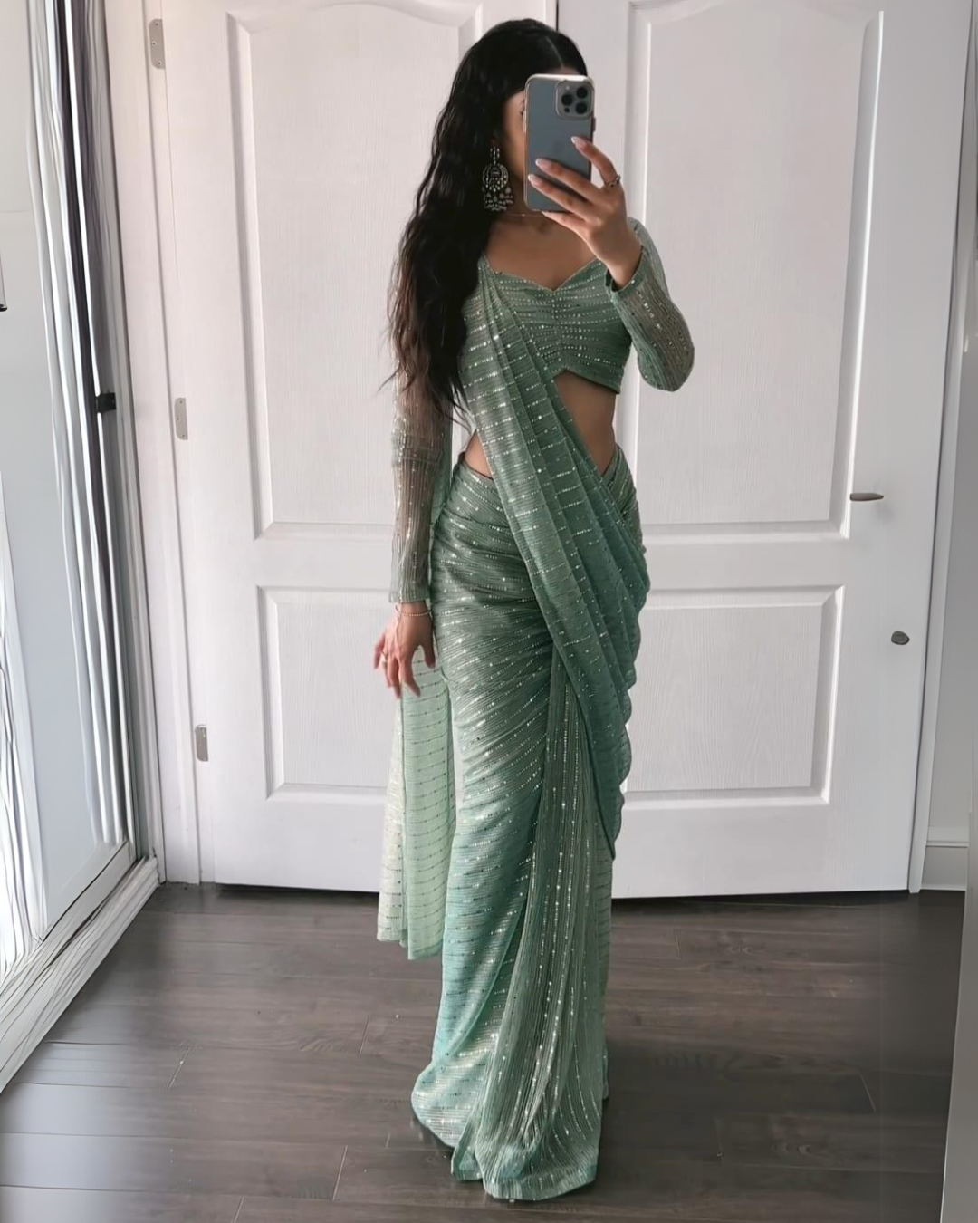 Ready To Wear Pista Heavy Tikli Embroidery Work Saree