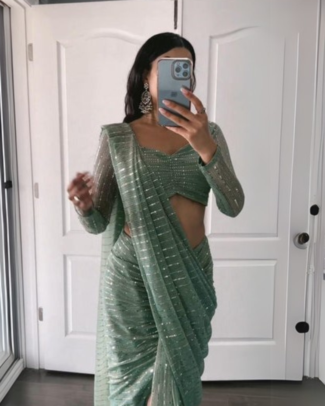 Ready To Wear Pista Heavy Tikli Embroidery Work Saree
