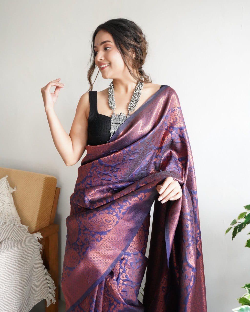 Lovely Soft Silk With Intricate Copper Zari Weaving Worked Saree - INDIAN ELEGANCE