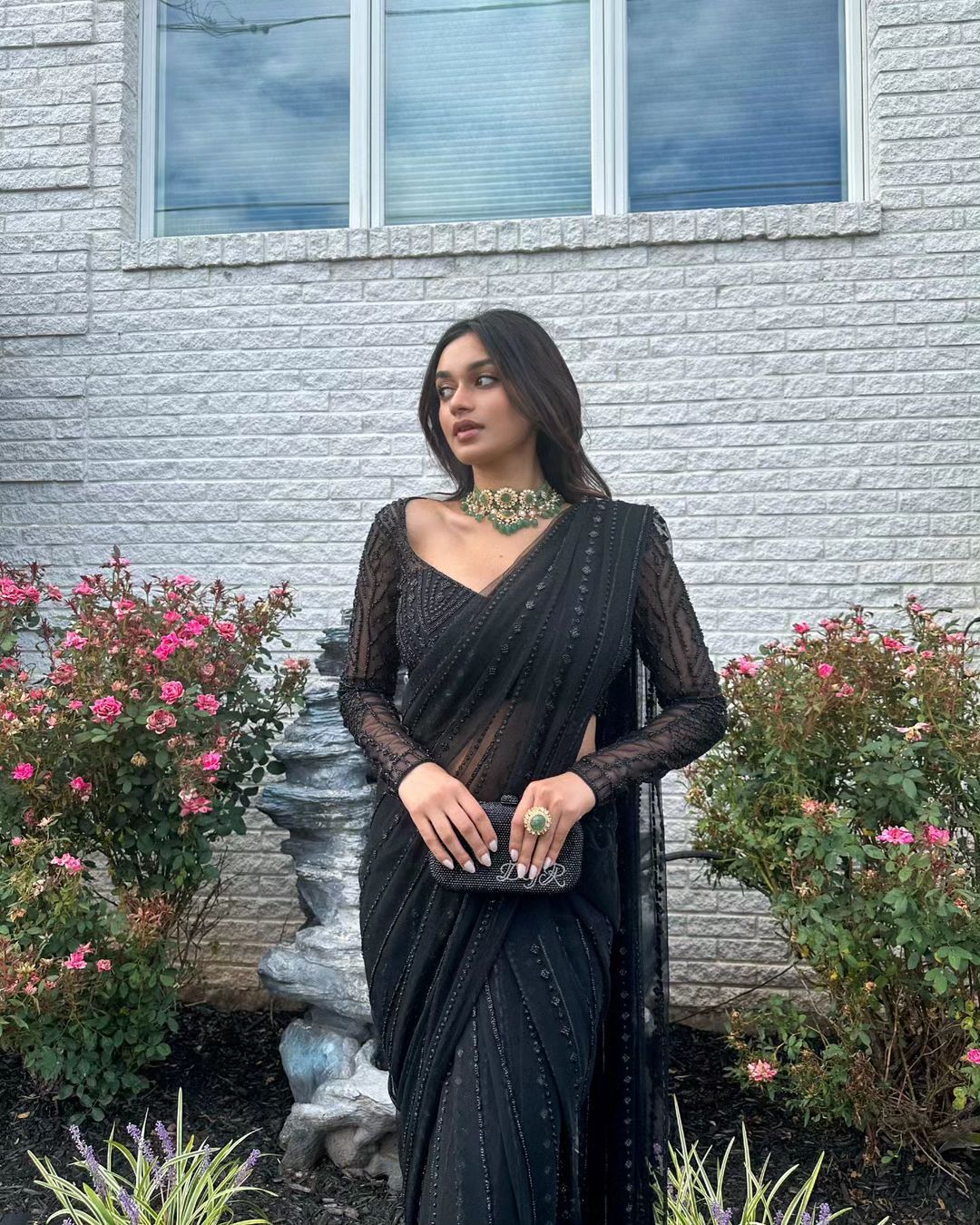 Black Soft Net Sequin Work Party Wear Saree with Full Sleeve Blouse