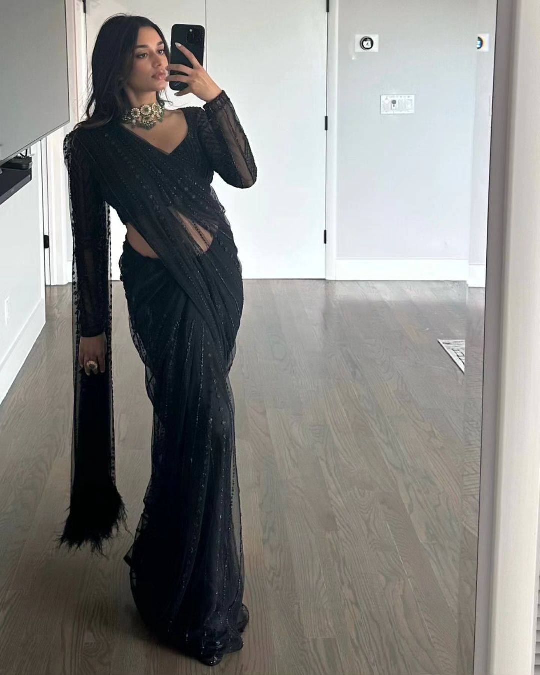 Black Soft Net Sequin Work Party Wear Saree with Full Sleeve Blouse