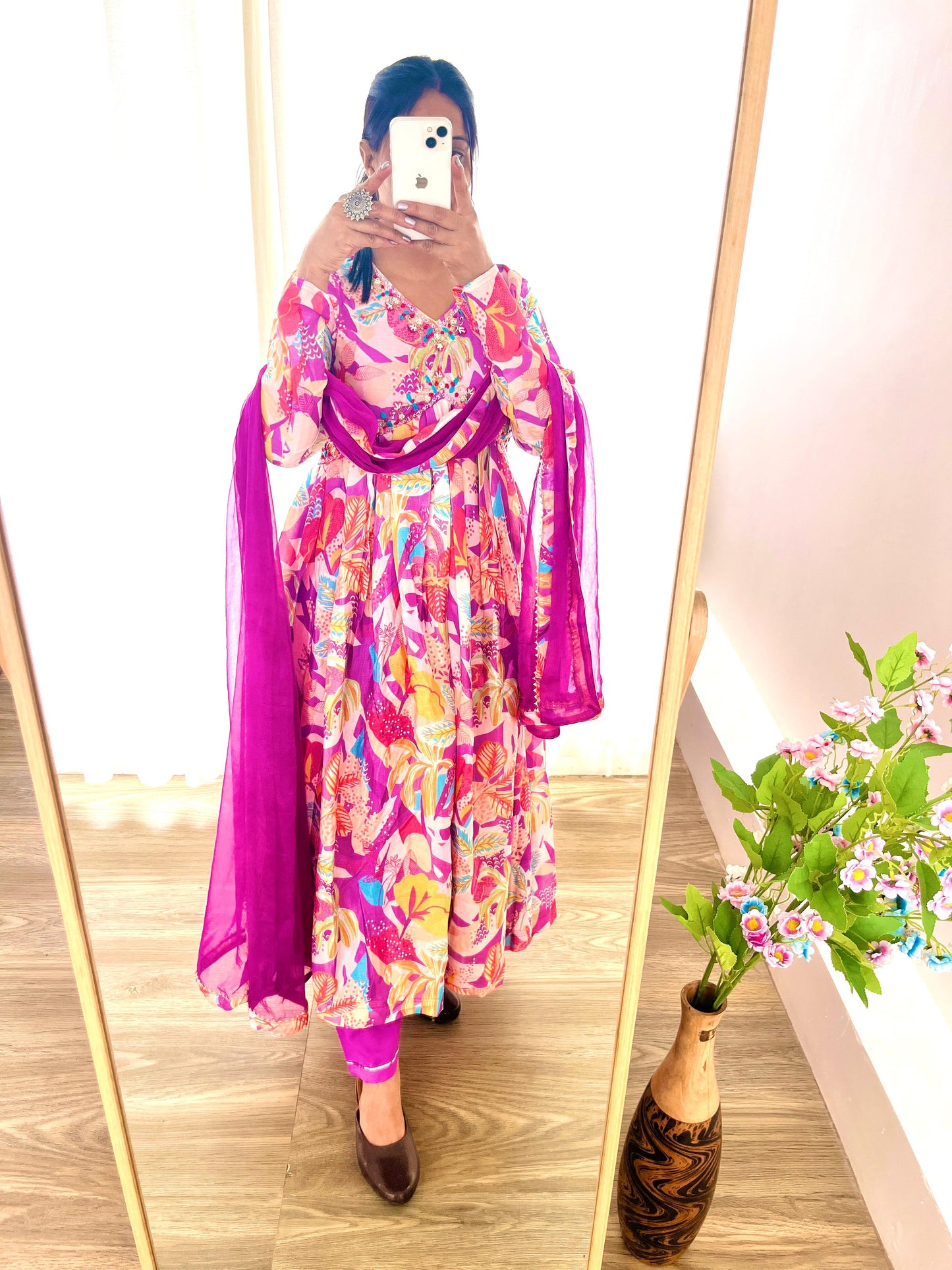 Spellbinding Soft Chinon Floral Printed Handworked Anarkali Pant Suit - INDIAN ELEGANCE