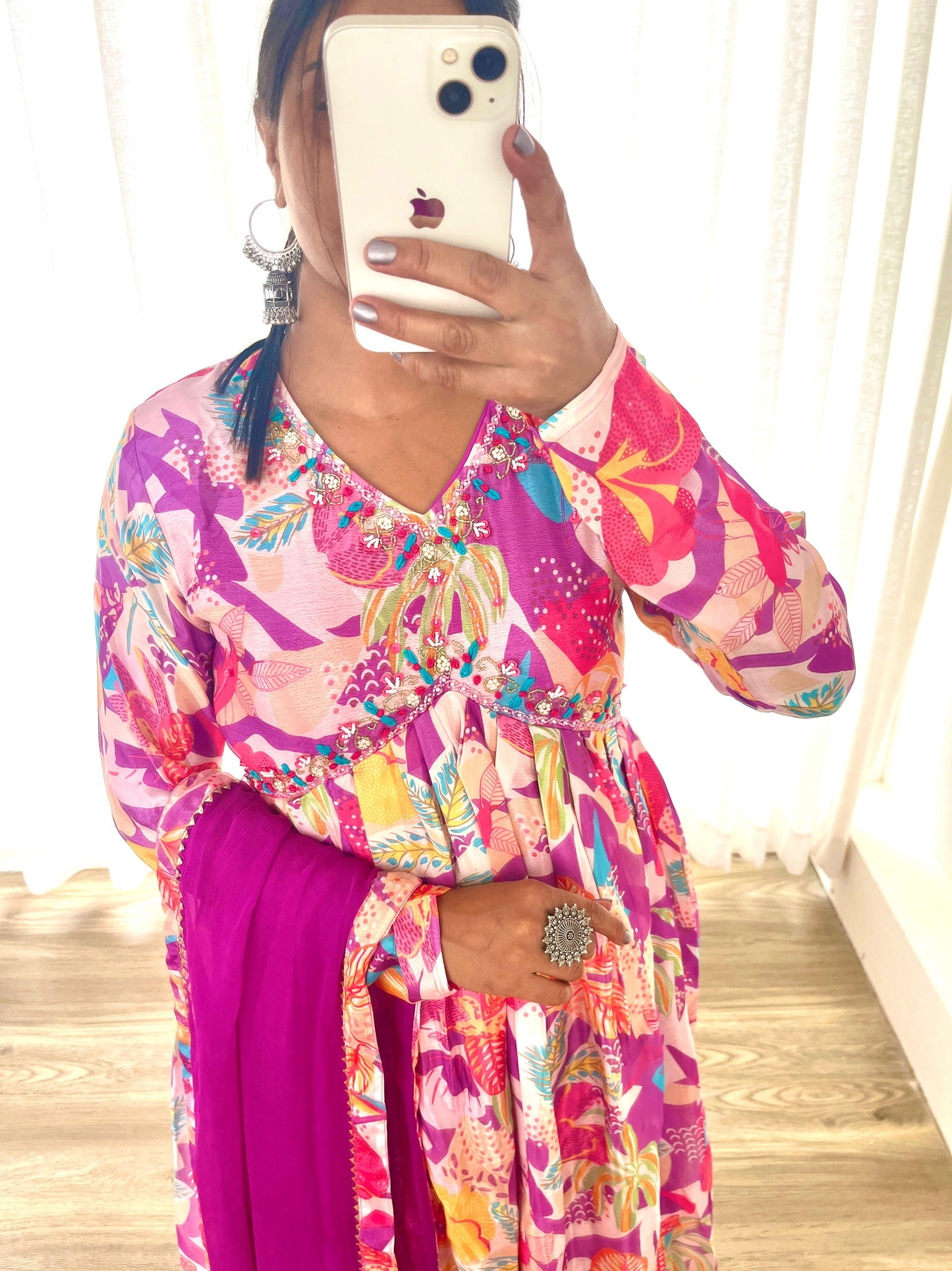 Spellbinding Soft Chinon Floral Printed Handworked Anarkali Pant Suit - INDIAN ELEGANCE