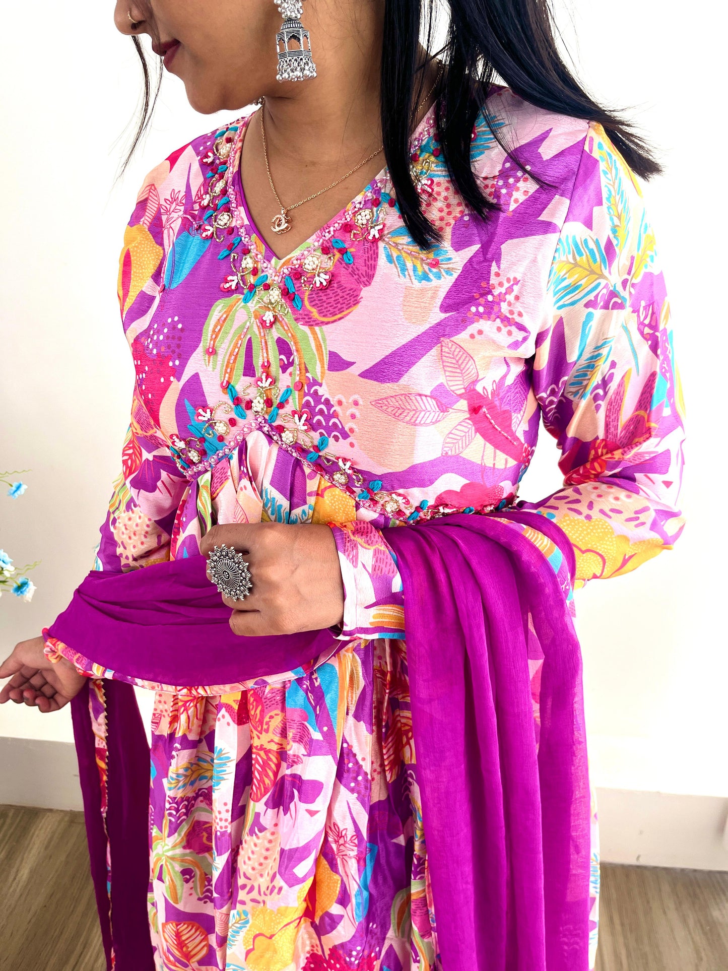 Spellbinding Soft Chinon Floral Printed Handworked Anarkali Pant Suit - INDIAN ELEGANCE