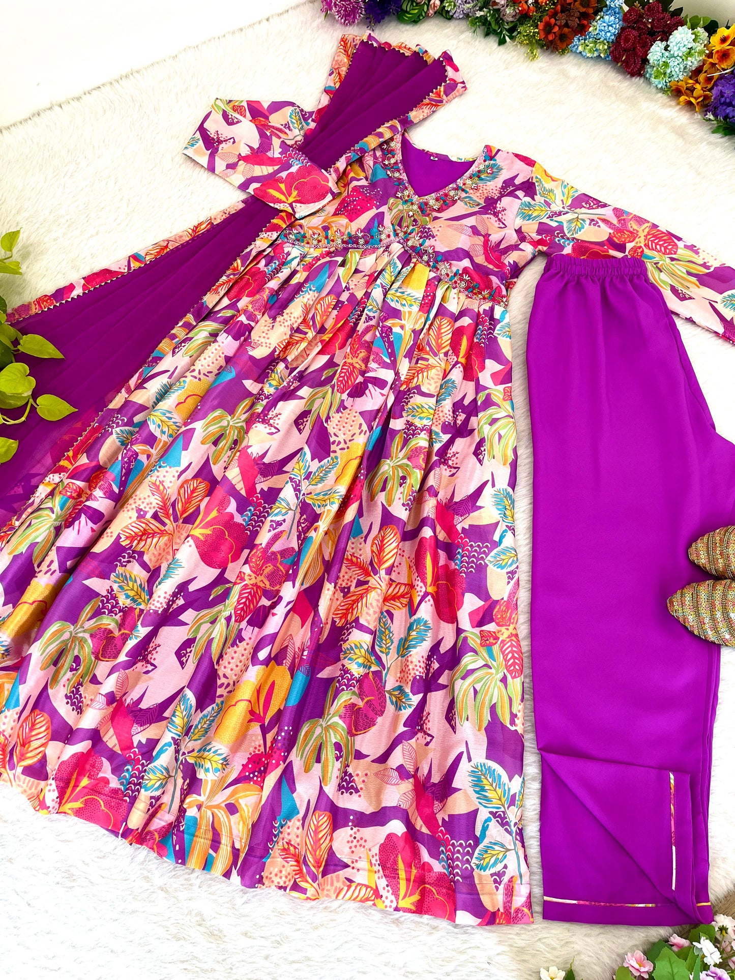 Spellbinding Soft Chinon Floral Printed Handworked Anarkali Pant Suit - INDIAN ELEGANCE
