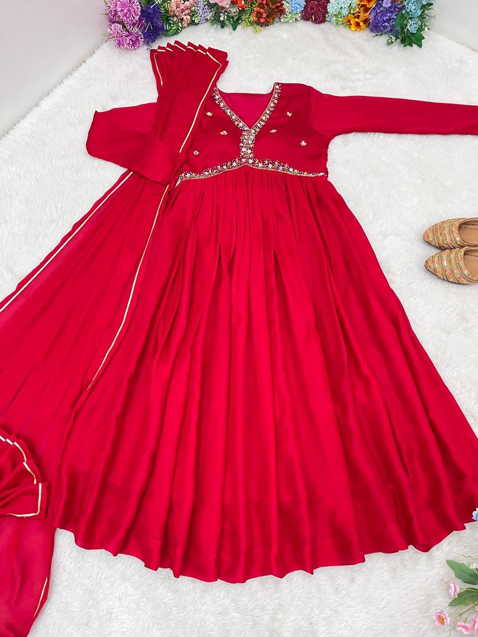 Mesmerizing Maroon Rangoli Silk Handworked Gown With Dupatta - INDIAN ELEGANCE