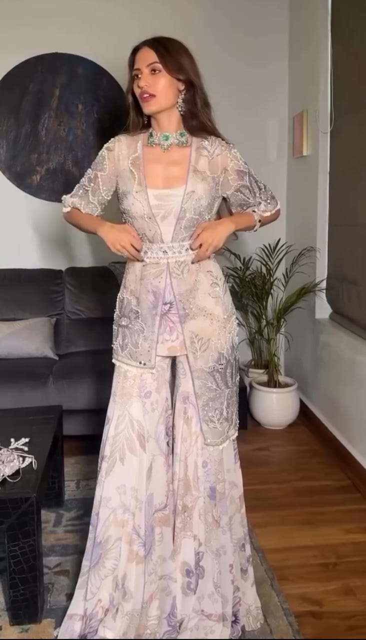Floral Georgette Jacket Style Sharara Set with Pearl Work – Elegant Festive & Wedding Wear