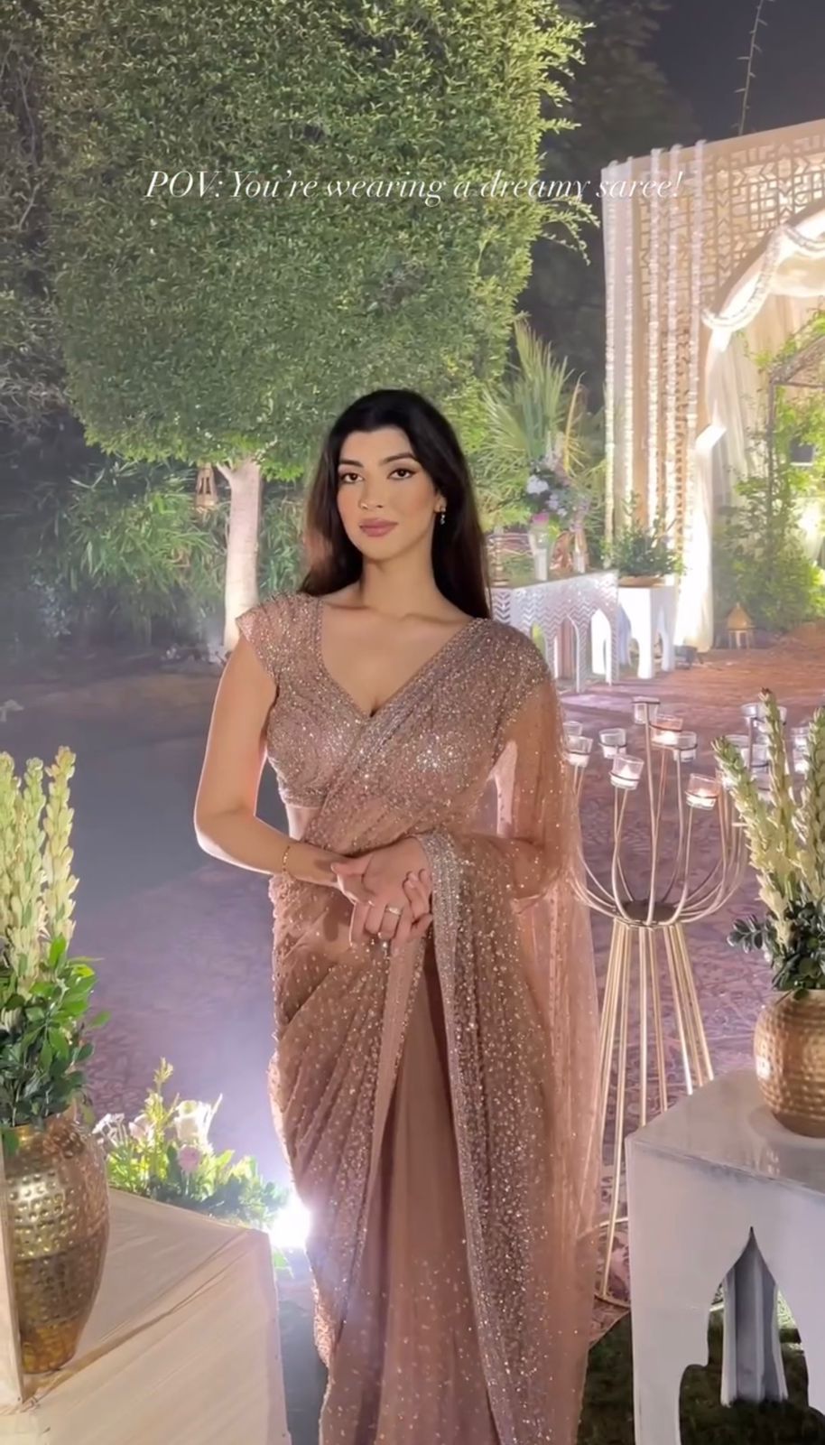Golden Net Saree with Sequins & Dori Work – Party Wear Designer Saree with Unstitched Blouse