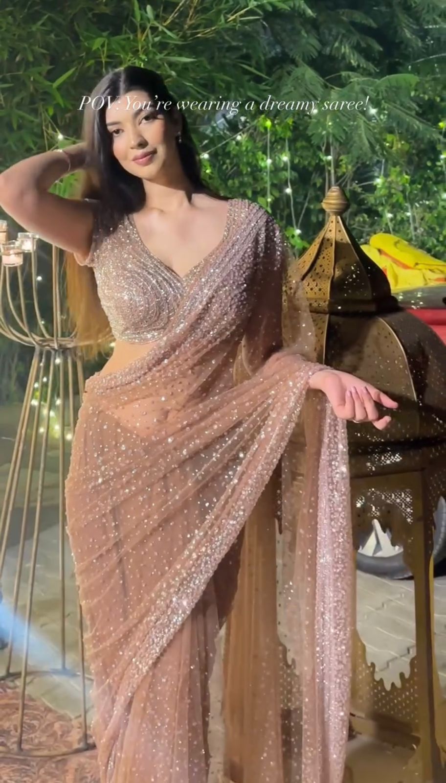 Golden Net Saree with Sequins & Dori Work – Party Wear Designer Saree with Unstitched Blouse