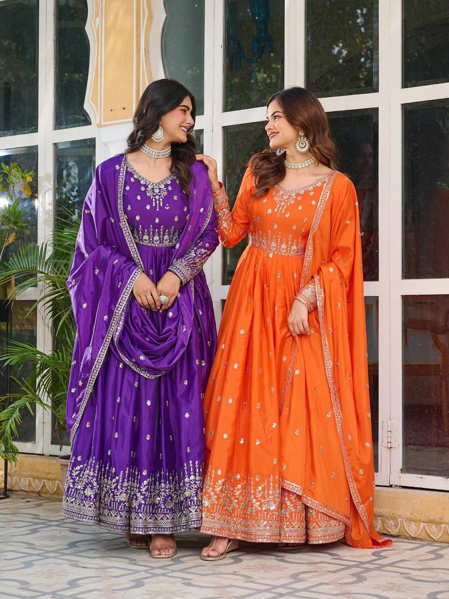 Elegant American Silk Gown Set for Women with Dupatta – Sequins & Thread Work