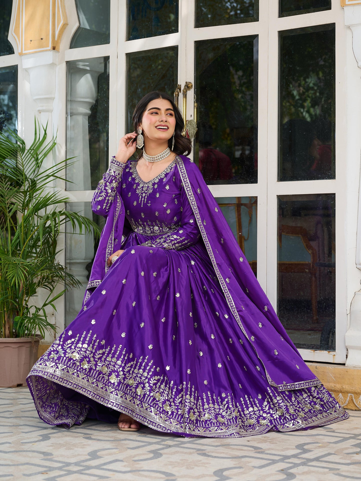 Elegant American Silk Gown Set for Women with Dupatta – Sequins & Thread Work