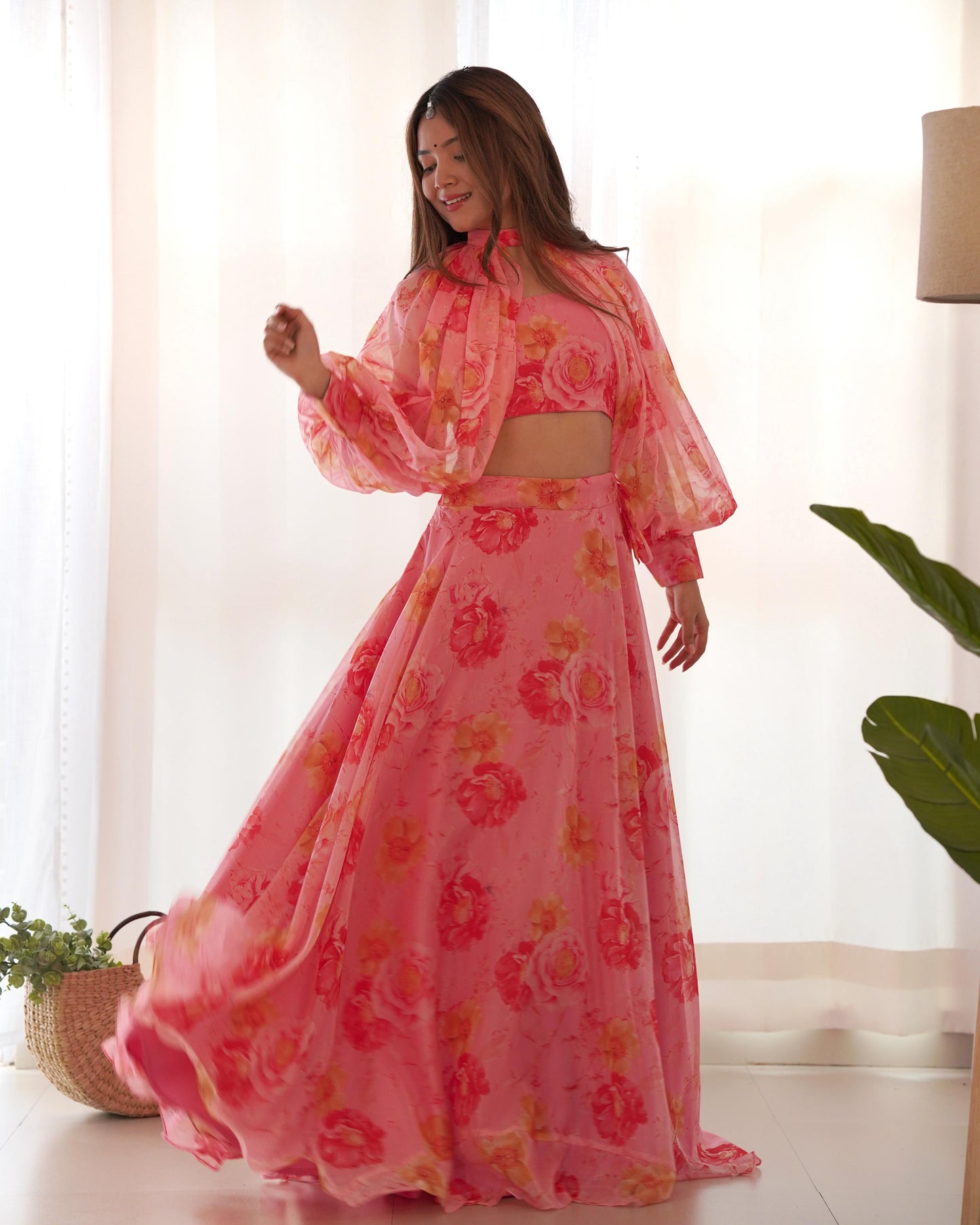 Multi-Floral Organza Lehenga Choli Set – Fully Stitched with Fancy Blouse & Detachable Sleeves | Ready to Wear
