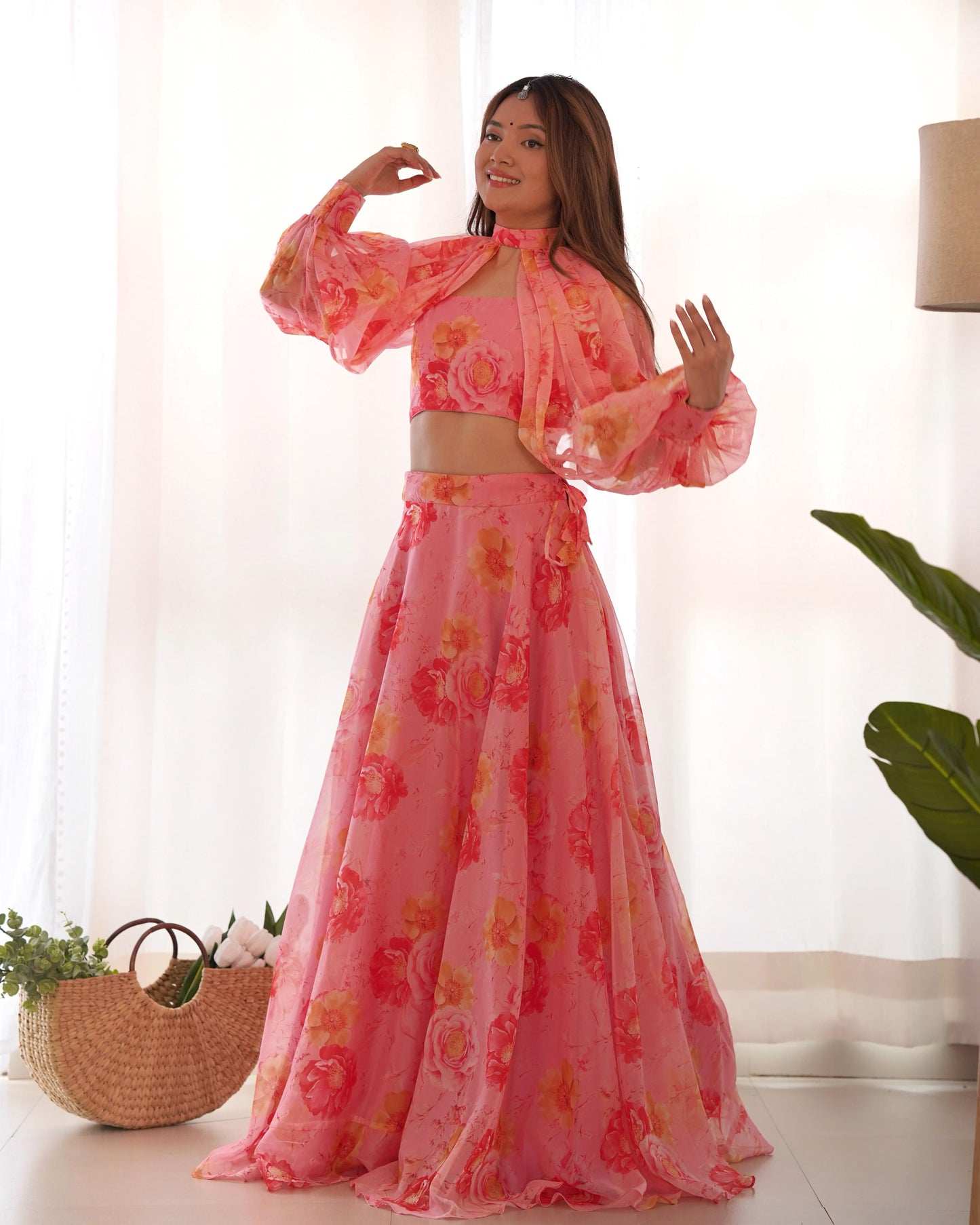 Multi-Floral Organza Lehenga Choli Set – Fully Stitched with Fancy Blouse & Detachable Sleeves | Ready to Wear