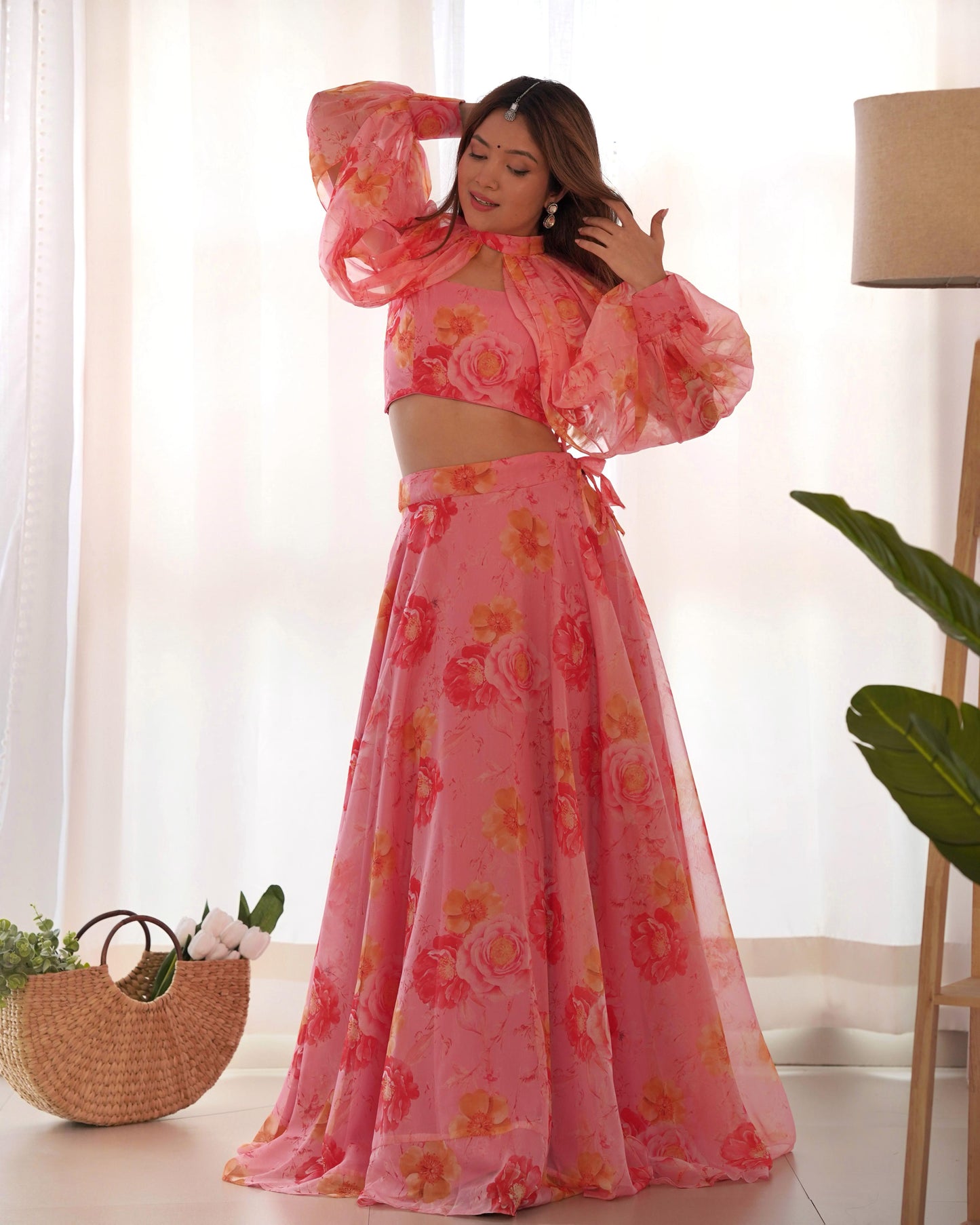 Multi-Floral Organza Lehenga Choli Set – Fully Stitched with Fancy Blouse & Detachable Sleeves | Ready to Wear