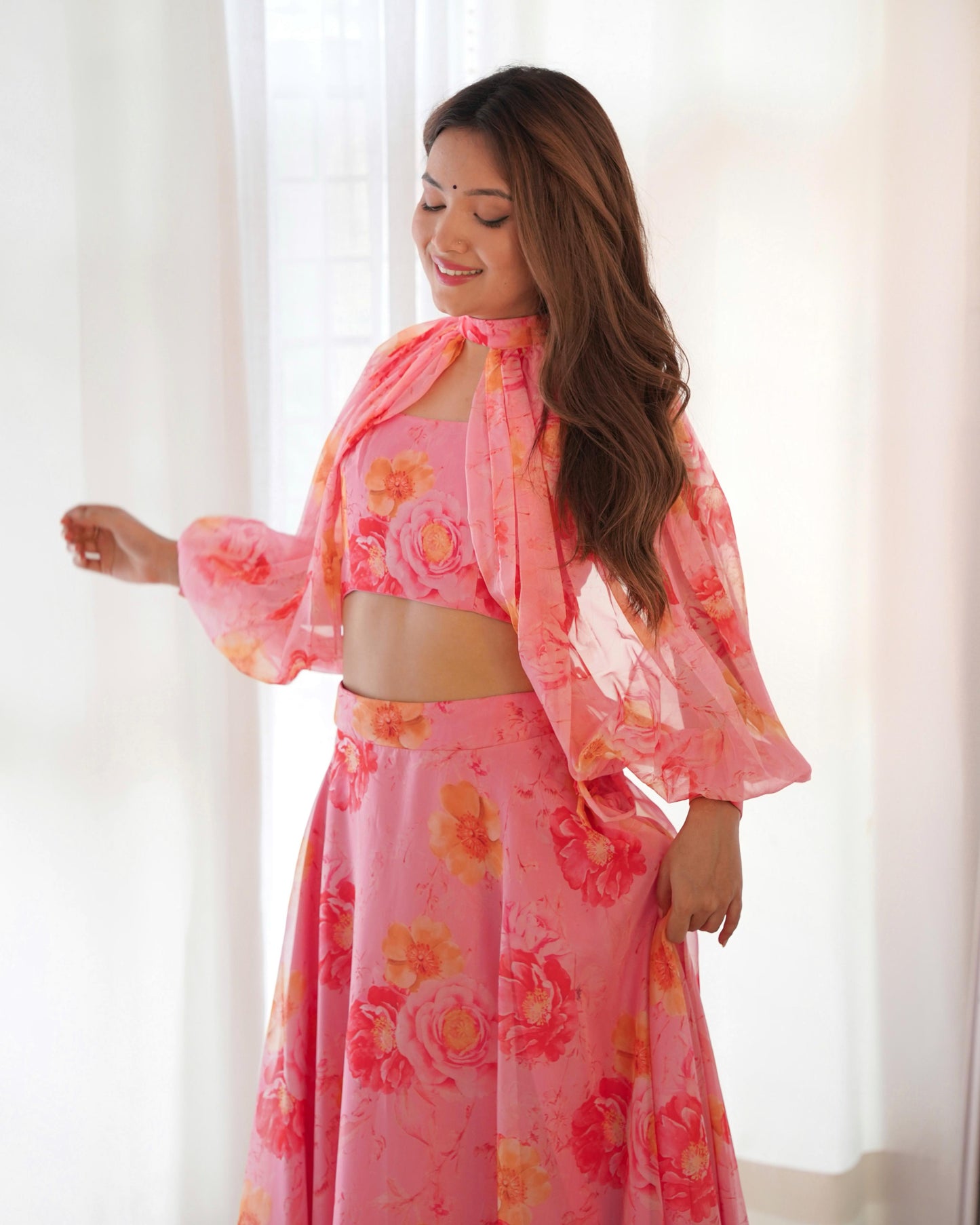 Multi-Floral Organza Lehenga Choli Set – Fully Stitched with Fancy Blouse & Detachable Sleeves | Ready to Wear