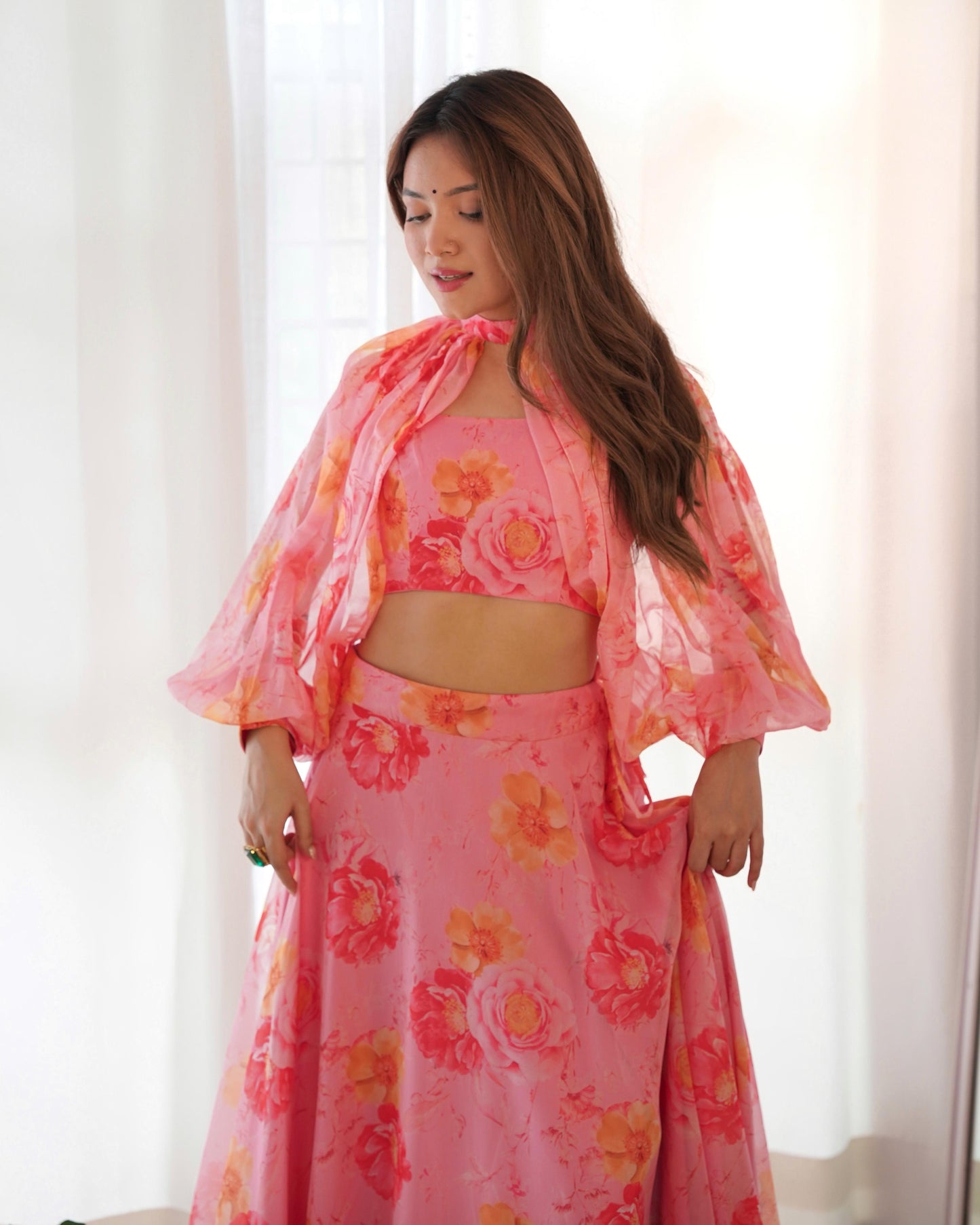 Multi-Floral Organza Lehenga Choli Set – Fully Stitched with Fancy Blouse & Detachable Sleeves | Ready to Wear