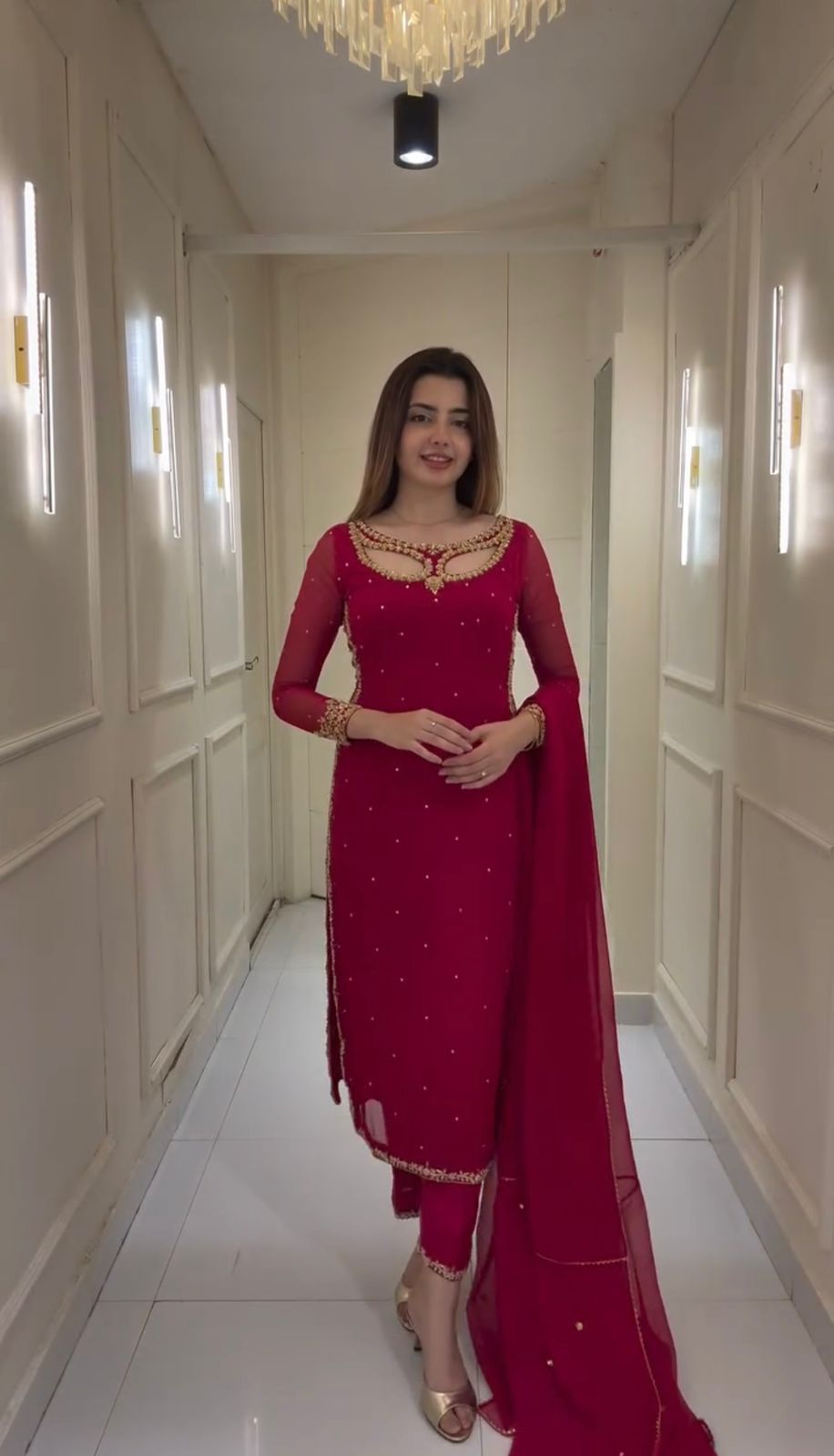 Traditional Cherry Red Straight Suits Set