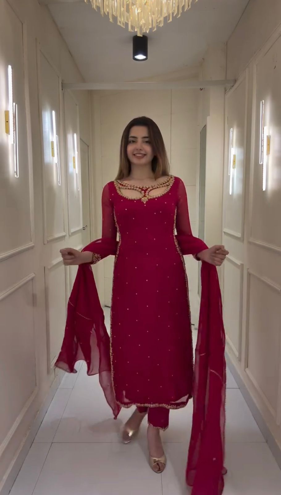 Traditional Cherry Red Straight Suits Set
